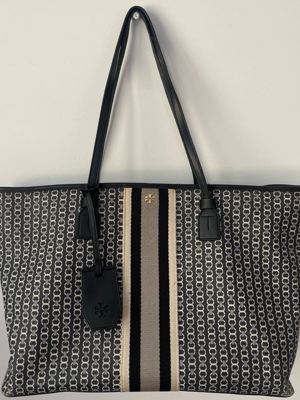 Tory Burch Black and Cream Logo Stripe Tote